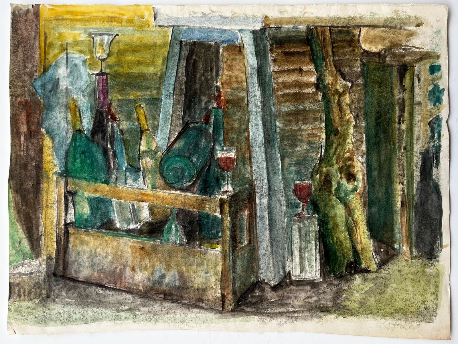 Guy Nicodwine Bottles Wooden Crate And Red Wine Glasses French Still Life Watercolour photo furniture