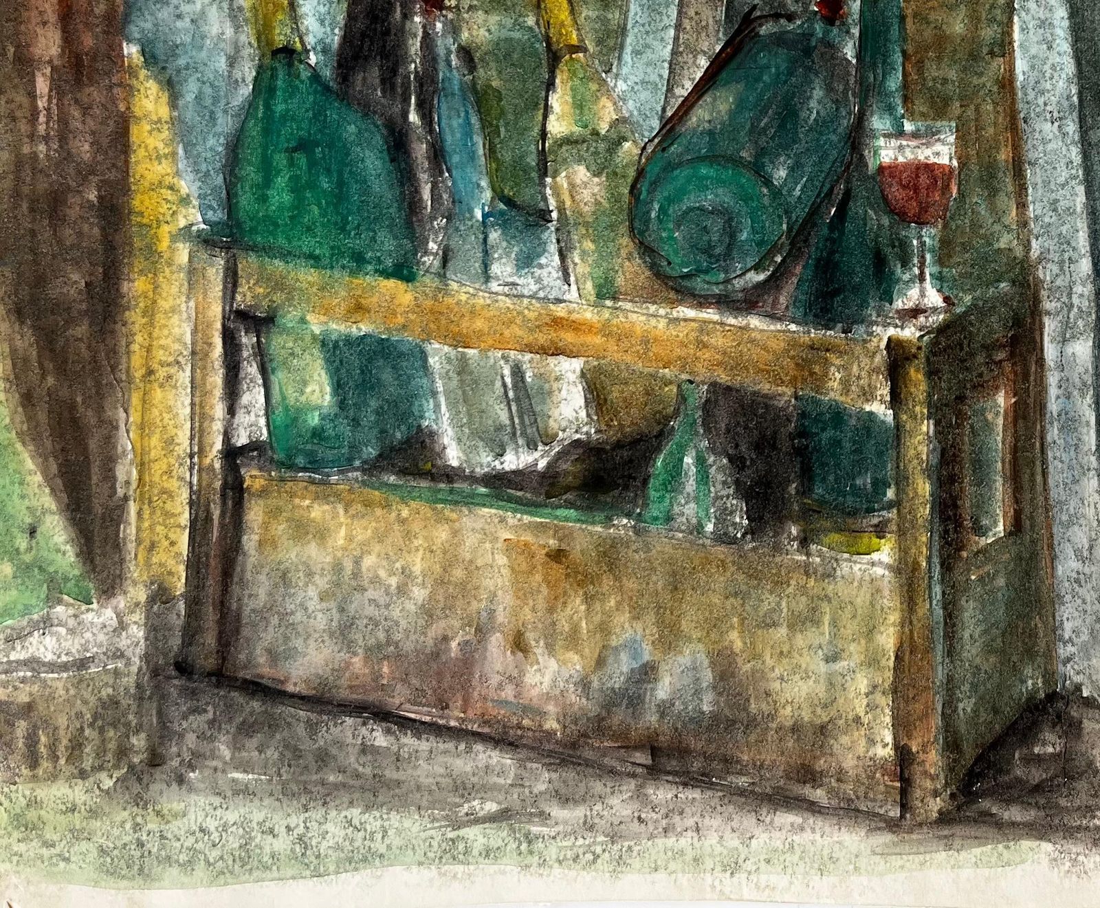 Guy Nicodwine Bottles Wooden Crate And Red Wine Glasses French Still Life Watercolour photo Art