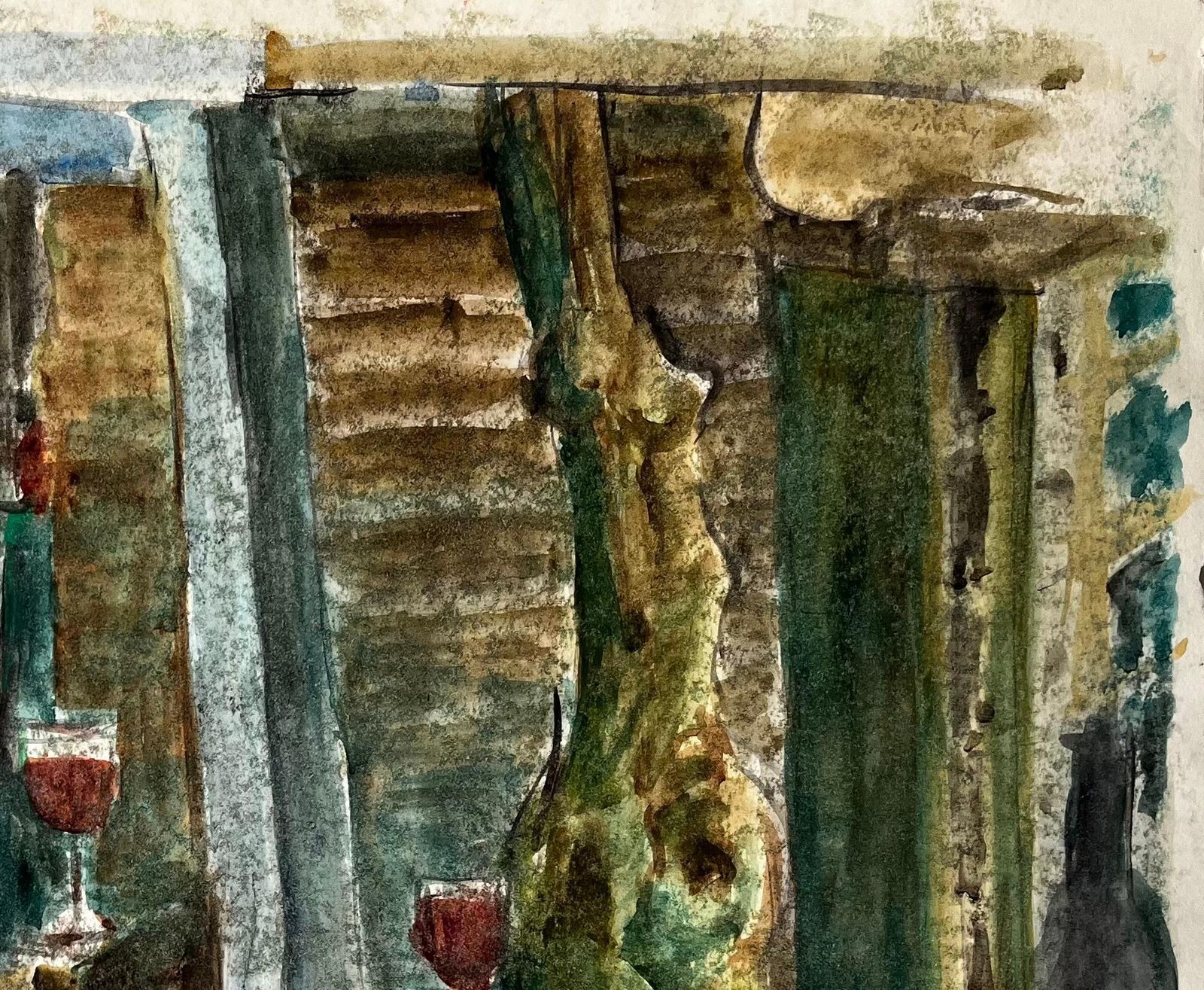 Guy Nicodwine Bottles Wooden Crate And Red Wine Glasses French Still Life Watercolour photo vinterior