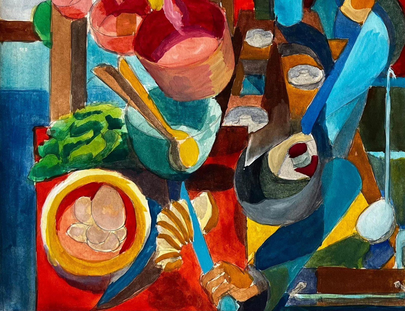 Cubist Kitchen And Butcher Scene With Hanging Meats And Utensils photo vinterior