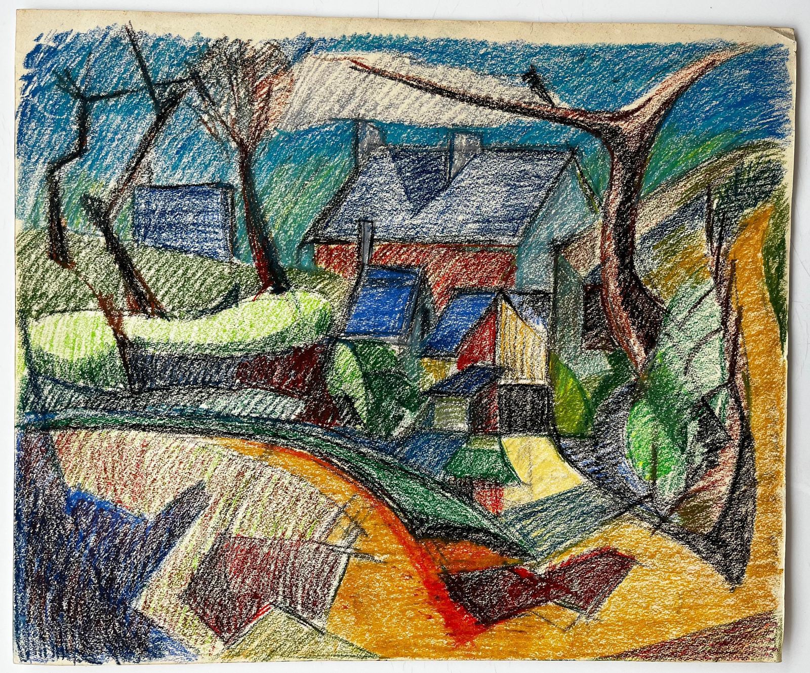 Guy Nicodcubist Village With Red Roofs And Blue Sky French Pastel Drawing photo furniture