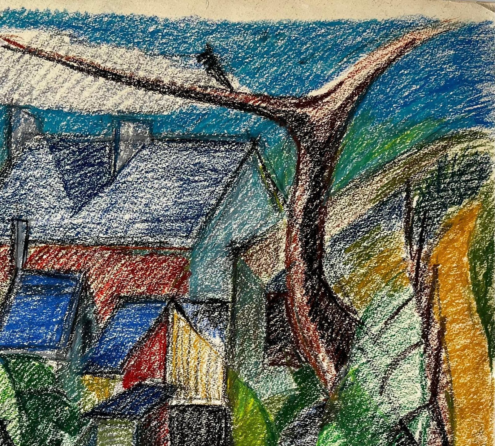 Guy Nicodcubist Village With Red Roofs And Blue Sky French Pastel Drawing photo for sale