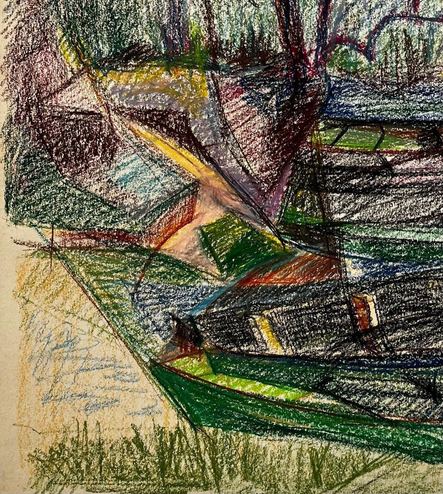 Guy Nicod Moored Boats And Bare Trees By Riverbank French Pastel Drawing photo Art