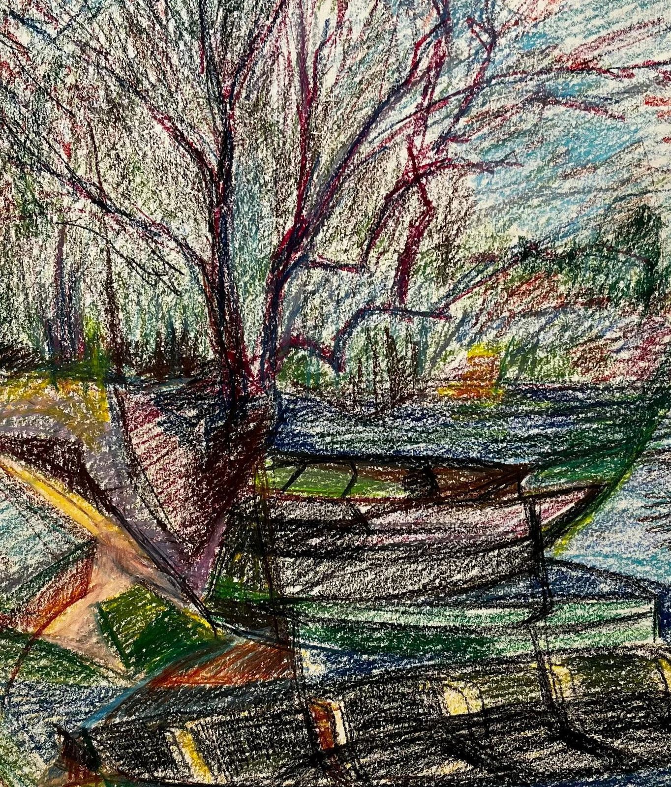 Guy Nicod Moored Boats And Bare Trees By Riverbank French Pastel Drawing photo buy