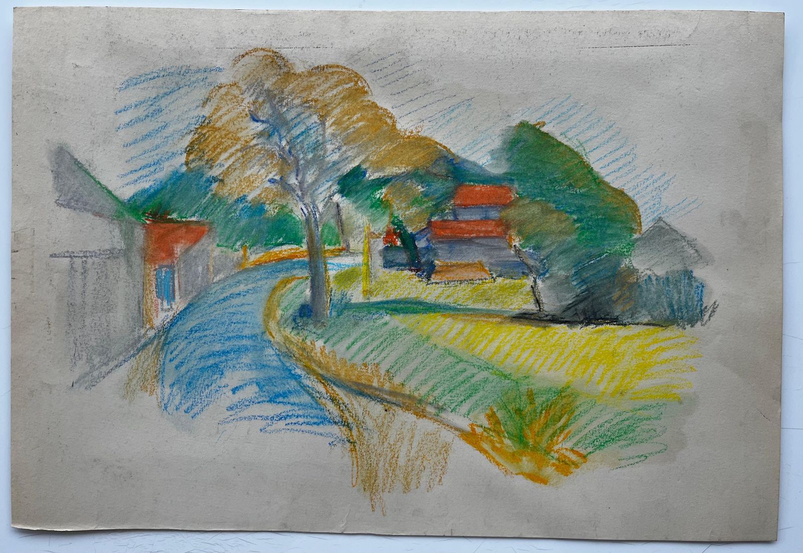 Guy Nicodpeaceful French Village Curve With Red Roofs And Tree Pastel Drawing photo furniture