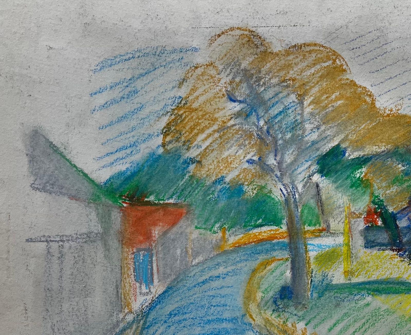 Guy Nicodpeaceful French Village Curve With Red Roofs And Tree Pastel Drawing photo for sale
