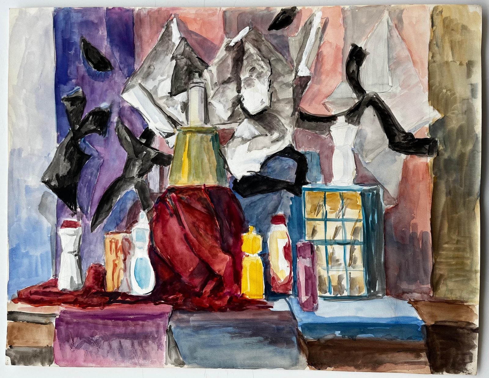 Guy Nicodfrench Cubist Still Life With Bottles Draped Cloth And Abstract Background photo furniture