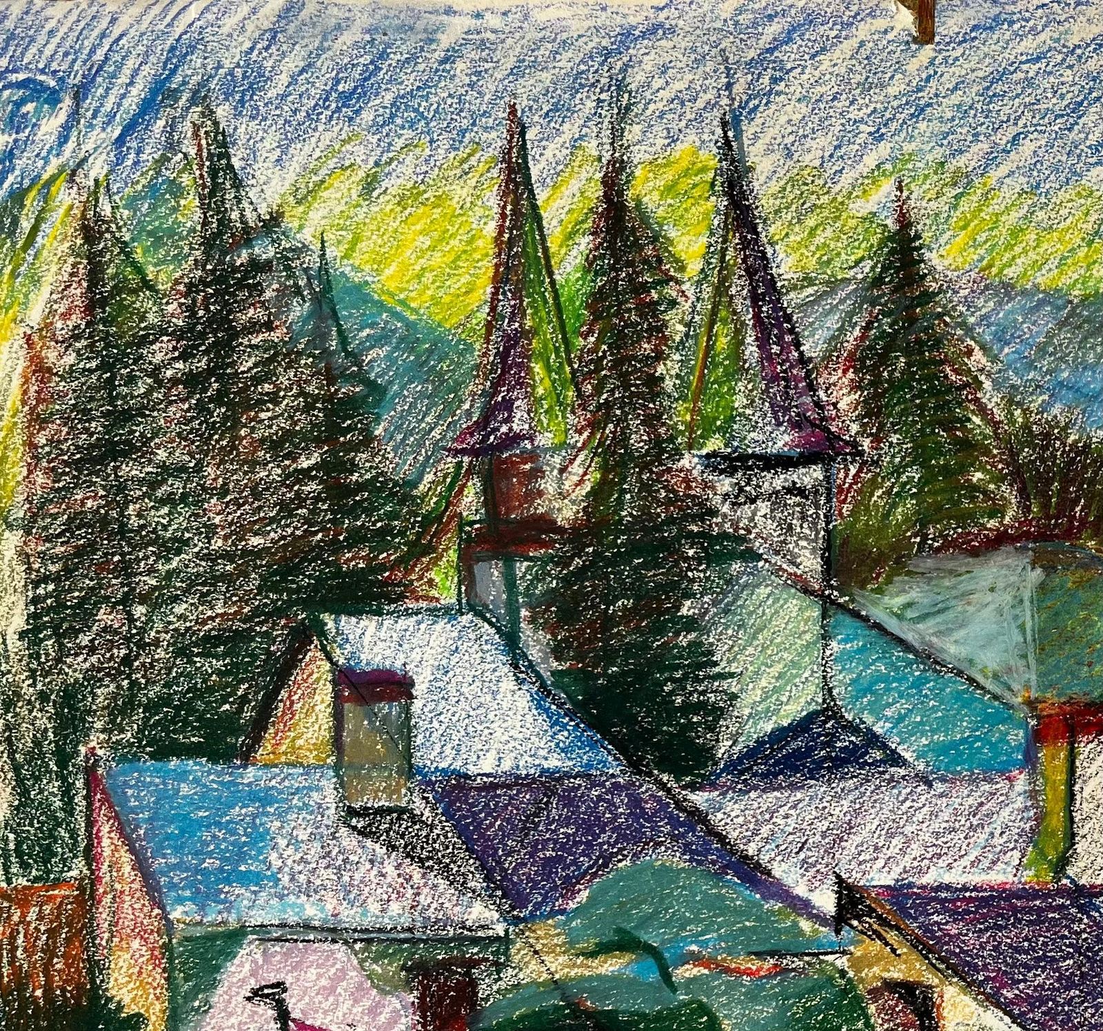 Guy Nicodfrench Village With Steeples And Pine Trees Colourful Pastel Landscape Drawing photo vinterior