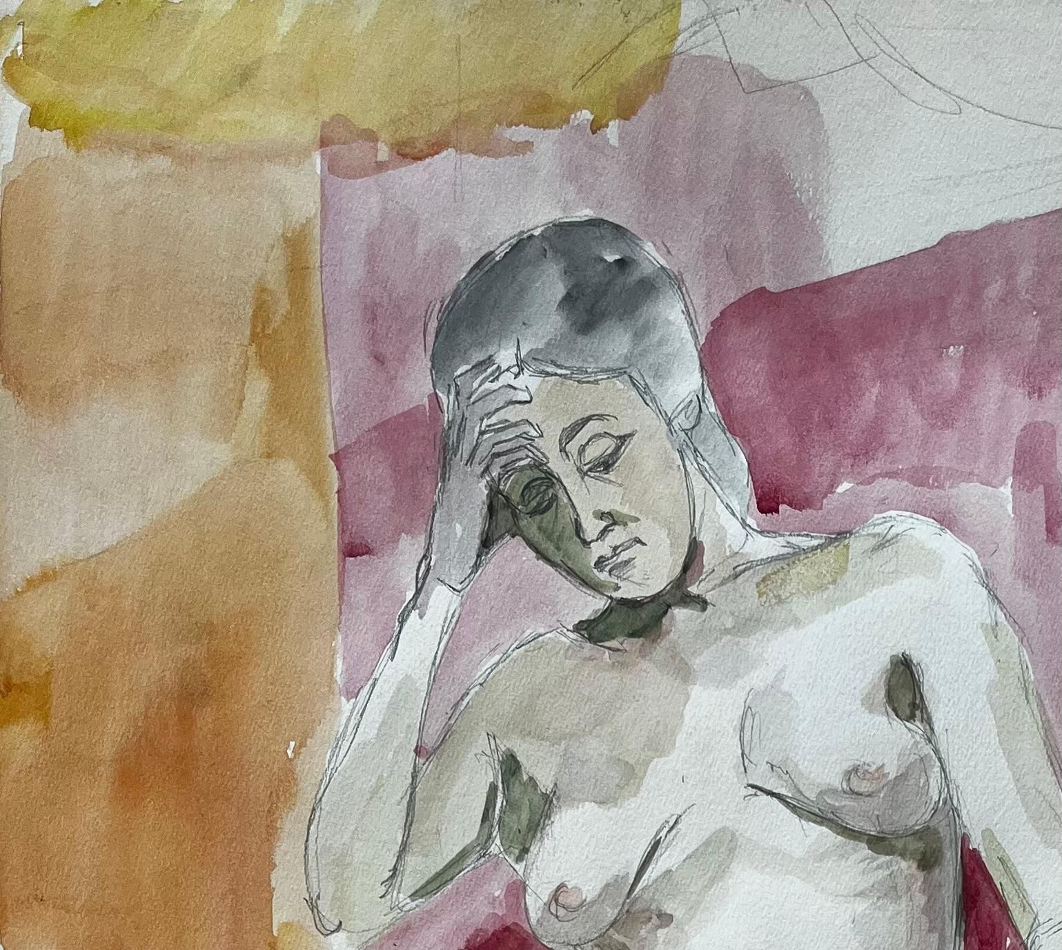 Guy Nicod Seated Female Nude Study In Red Chair French Modernist Watercolour Life Drawing photo for sale