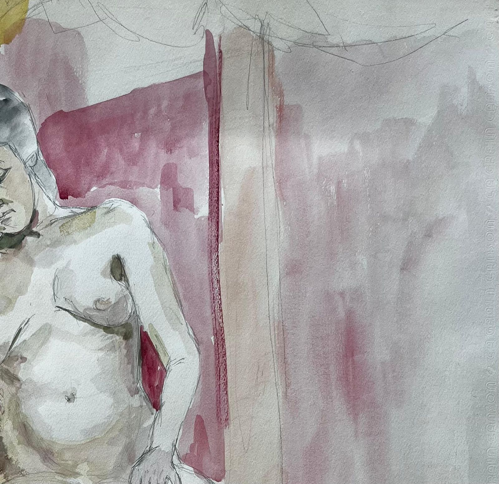 Guy Nicod Seated Female Nude Study In Red Chair French Modernist Watercolour Life Drawing photo vinterior