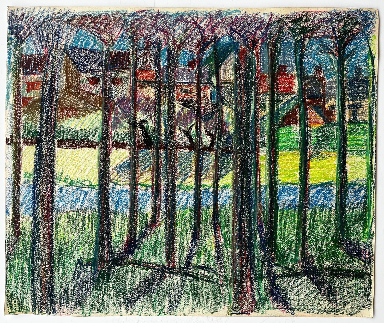 Guy Nicod Colourful French Village Landscape Seen Through Trees Pastel Drawing photo furniture