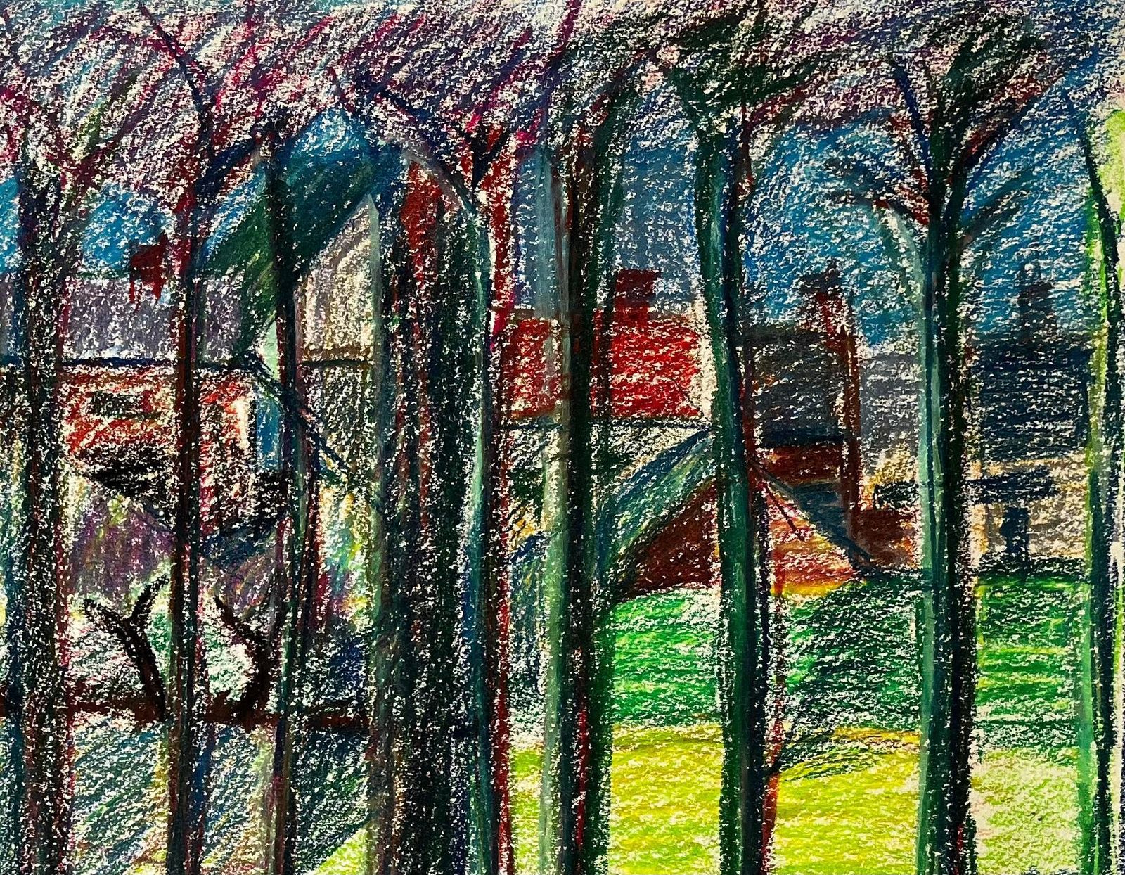 Guy Nicod Colourful French Village Landscape Seen Through Trees Pastel Drawing photo for sale