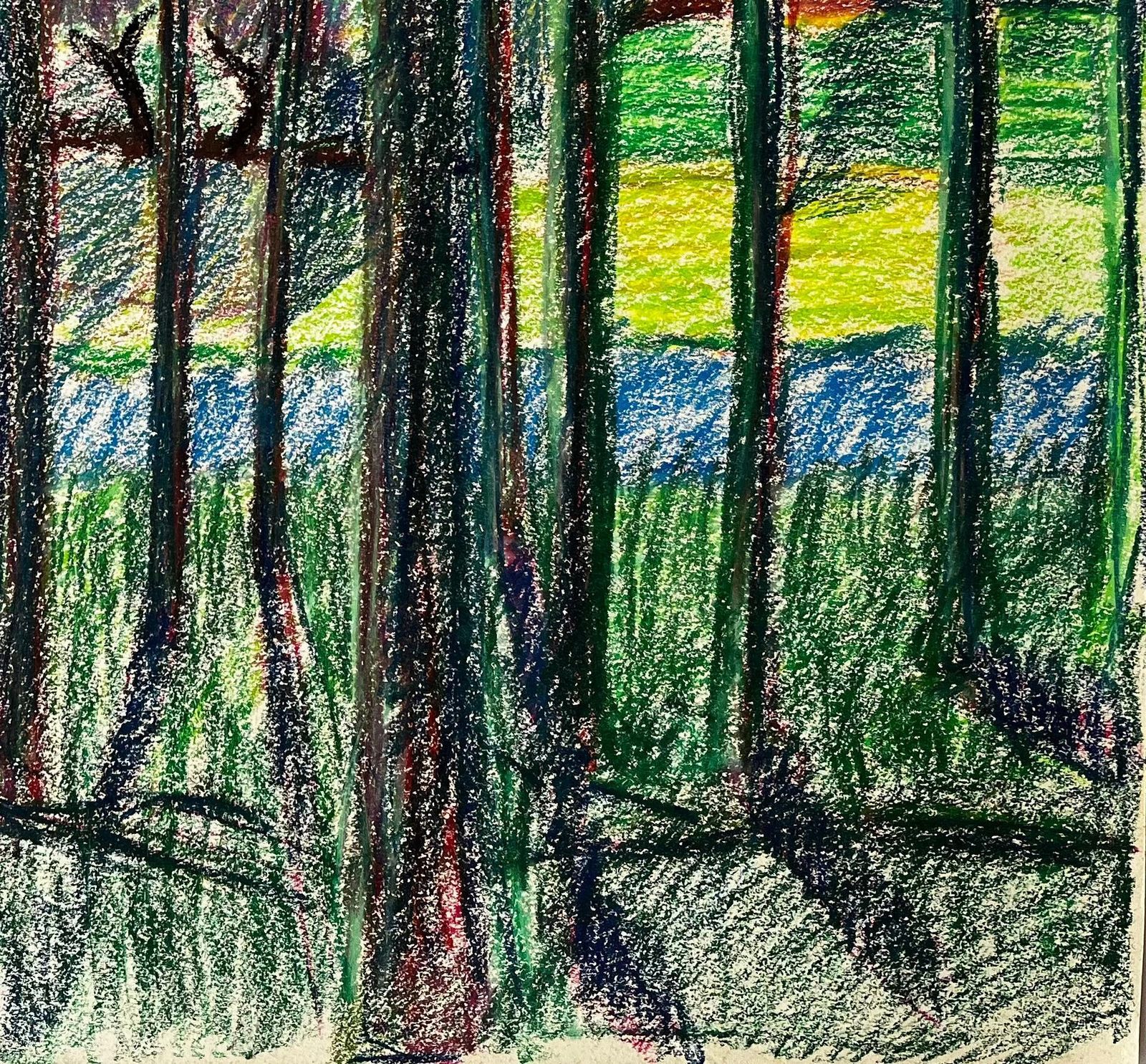 Guy Nicod Colourful French Village Landscape Seen Through Trees Pastel Drawing photo 560.0