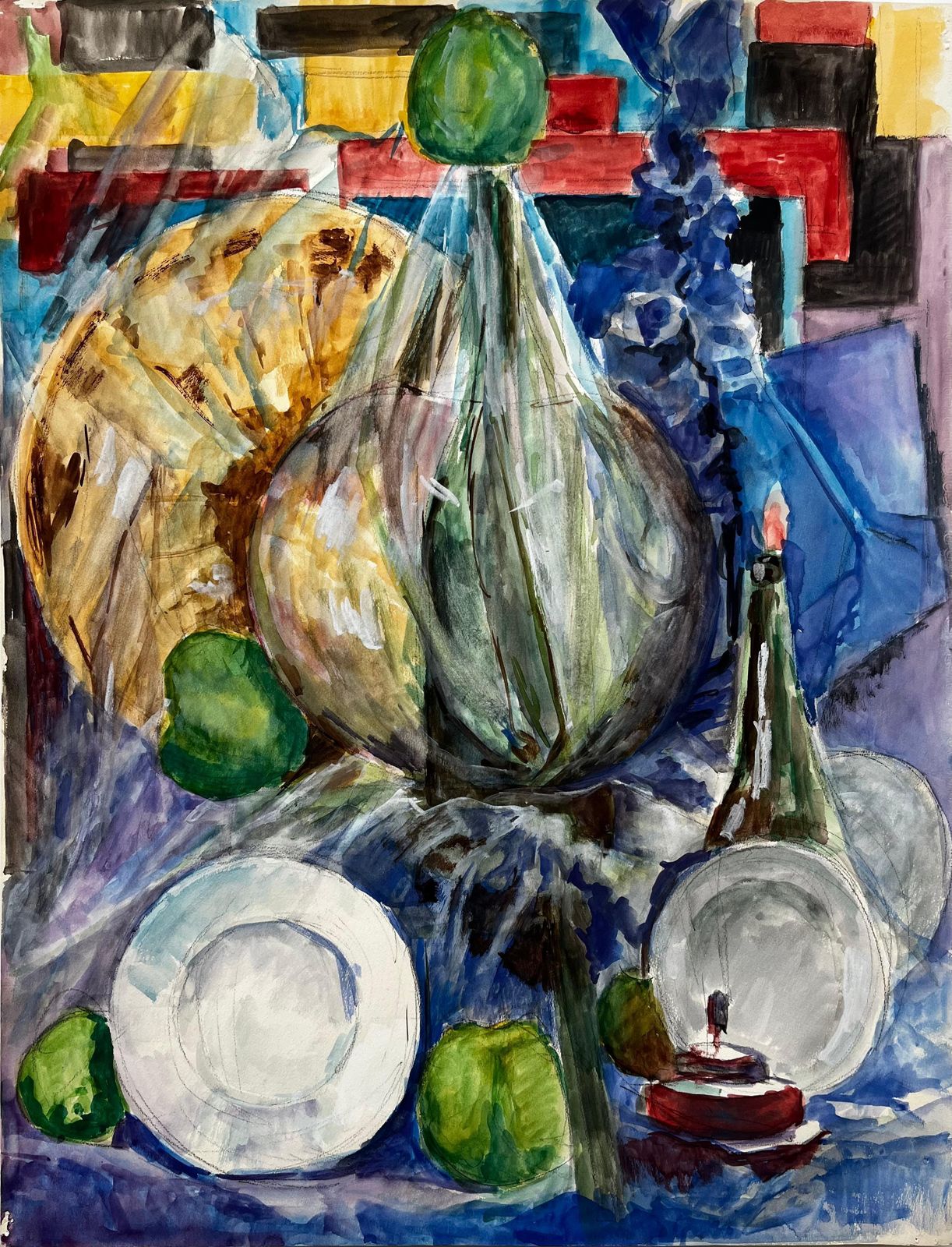 Guy Nicodlarge Demijohn Bottle With Green Apples French Still Life Watercolour Painting