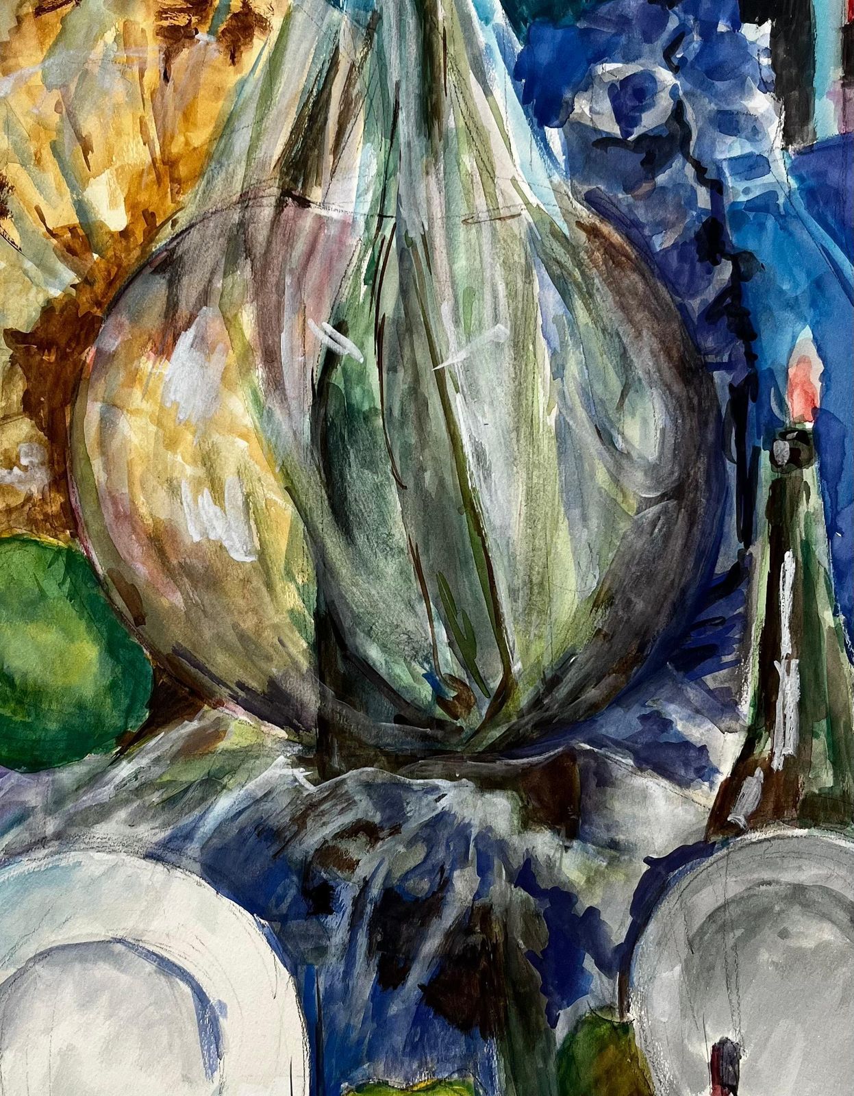 Guy Nicodlarge Demijohn Bottle With Green Apples French Still Life Watercolour Painting photo vinterior
