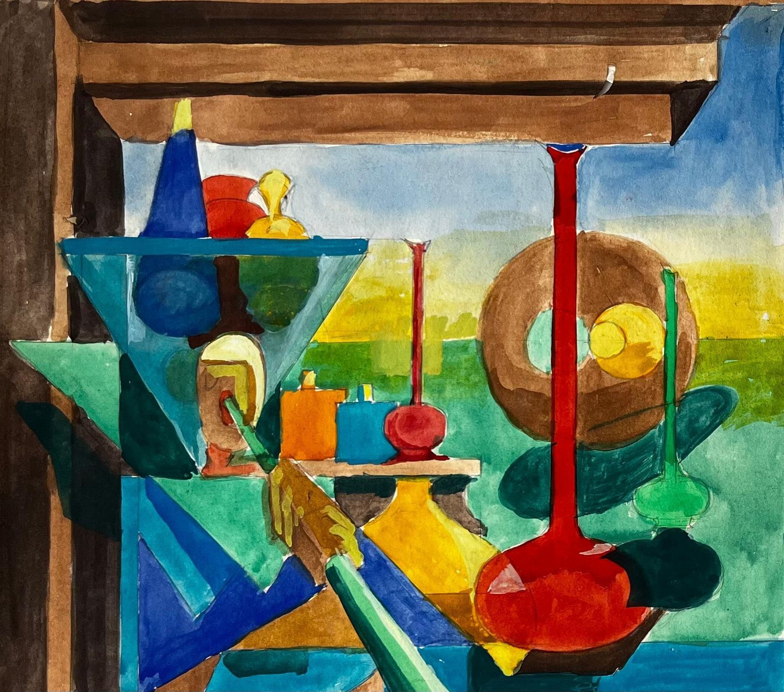 Guy Nicod Cubist Still Life With Glass Bottles Vessels And Abstract Architectural Interior photo furniture
