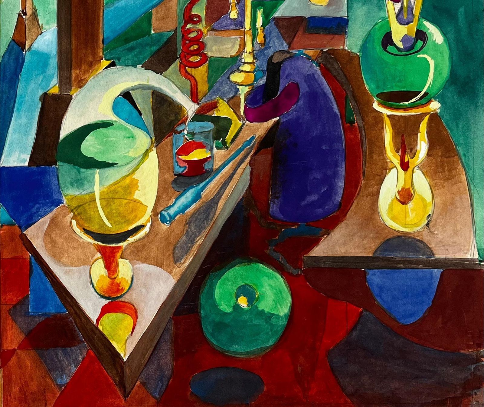 Guy Nicod Cubist Still Life With Glass Bottles Vessels And Abstract Architectural Interior photo 636.0