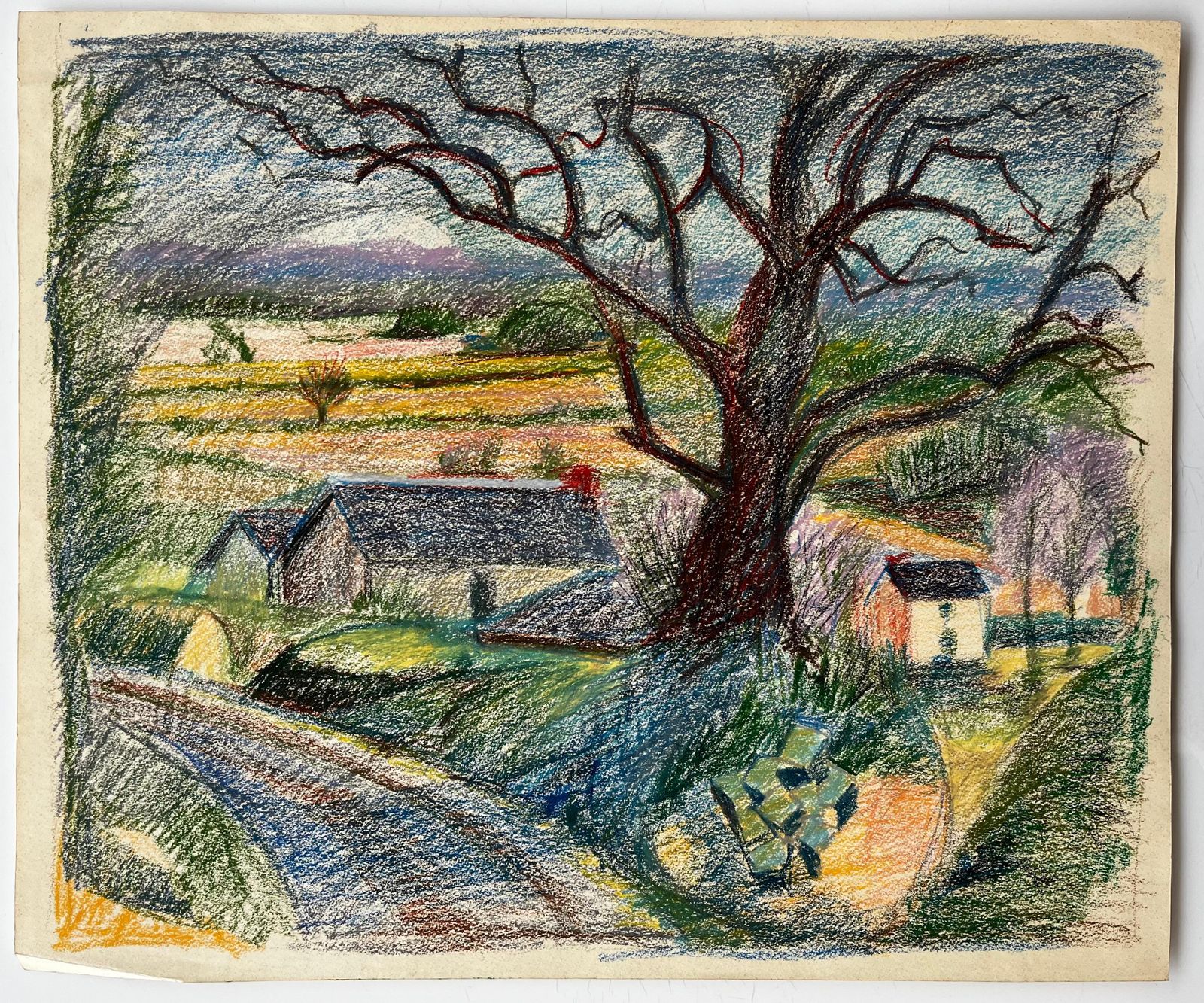 Guy Nicodfrench Country Road With Large Tree And Distant Farmhouses Pastel Drawing photo furniture