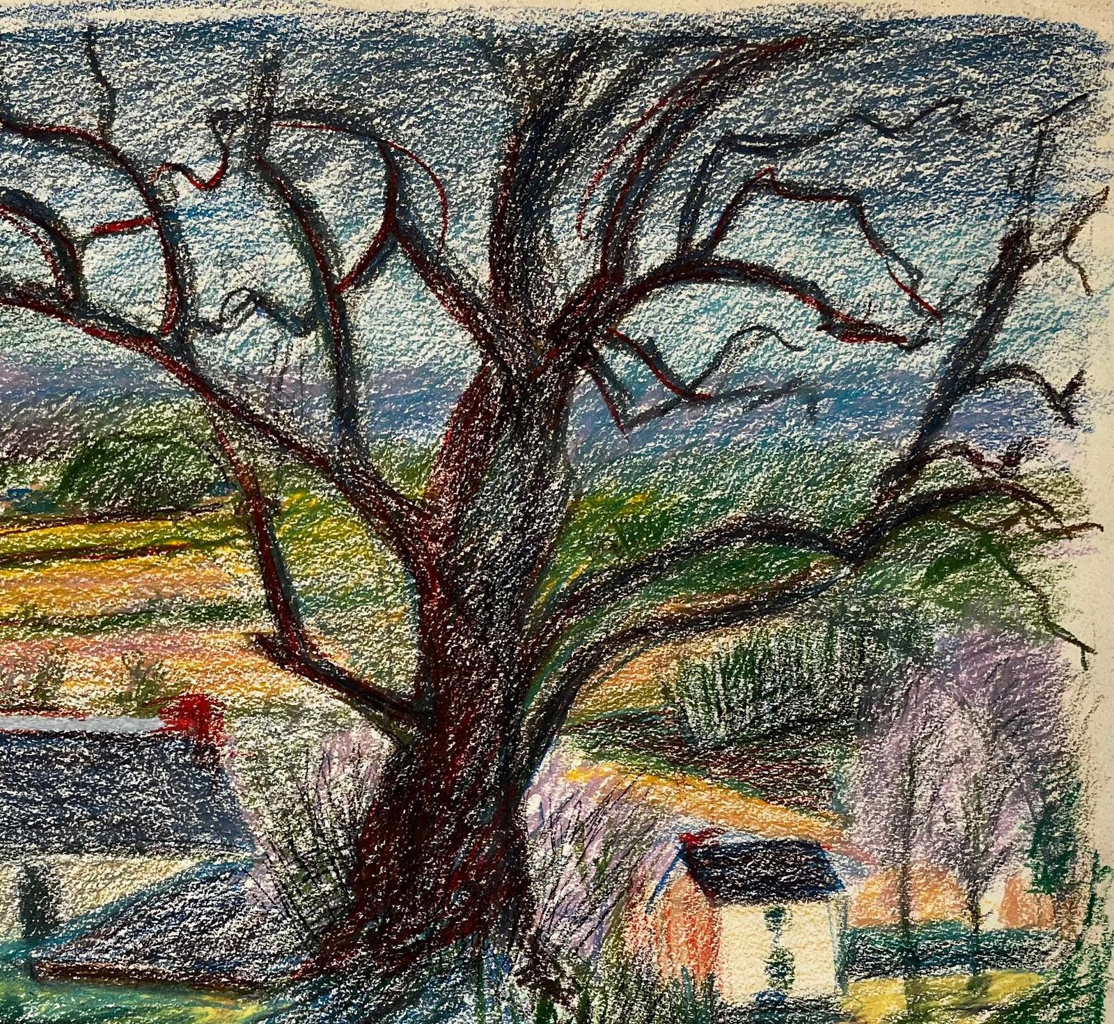 Guy Nicodfrench Country Road With Large Tree And Distant Farmhouses Pastel Drawing photo for sale