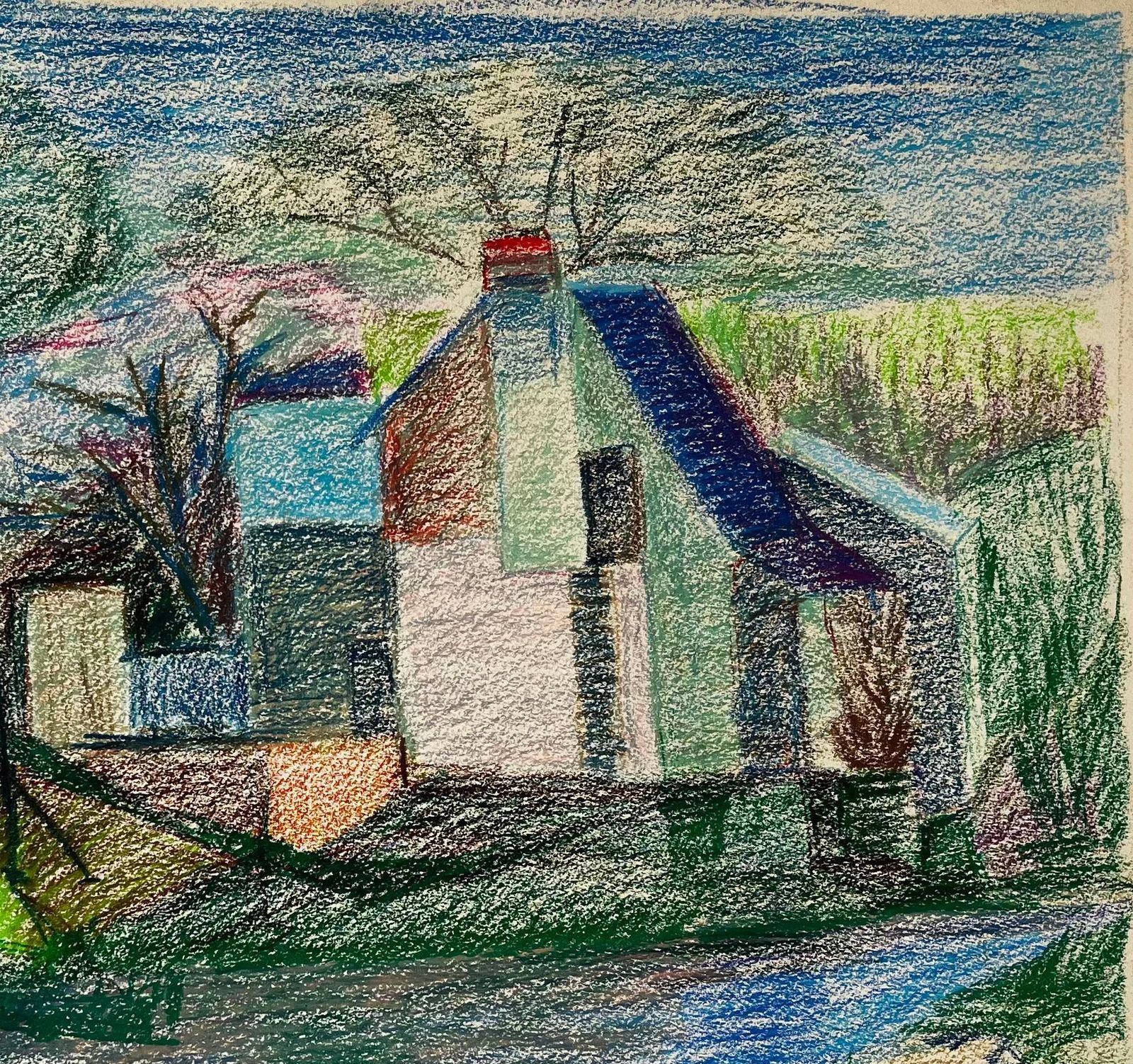 Guy Nicod French Riverside House With Pink Blossom And Blue Roof Pastel Drawing photo for sale
