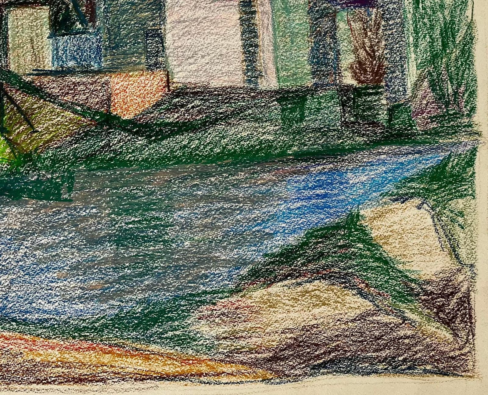 Guy Nicod French Riverside House With Pink Blossom And Blue Roof Pastel Drawing photo Art