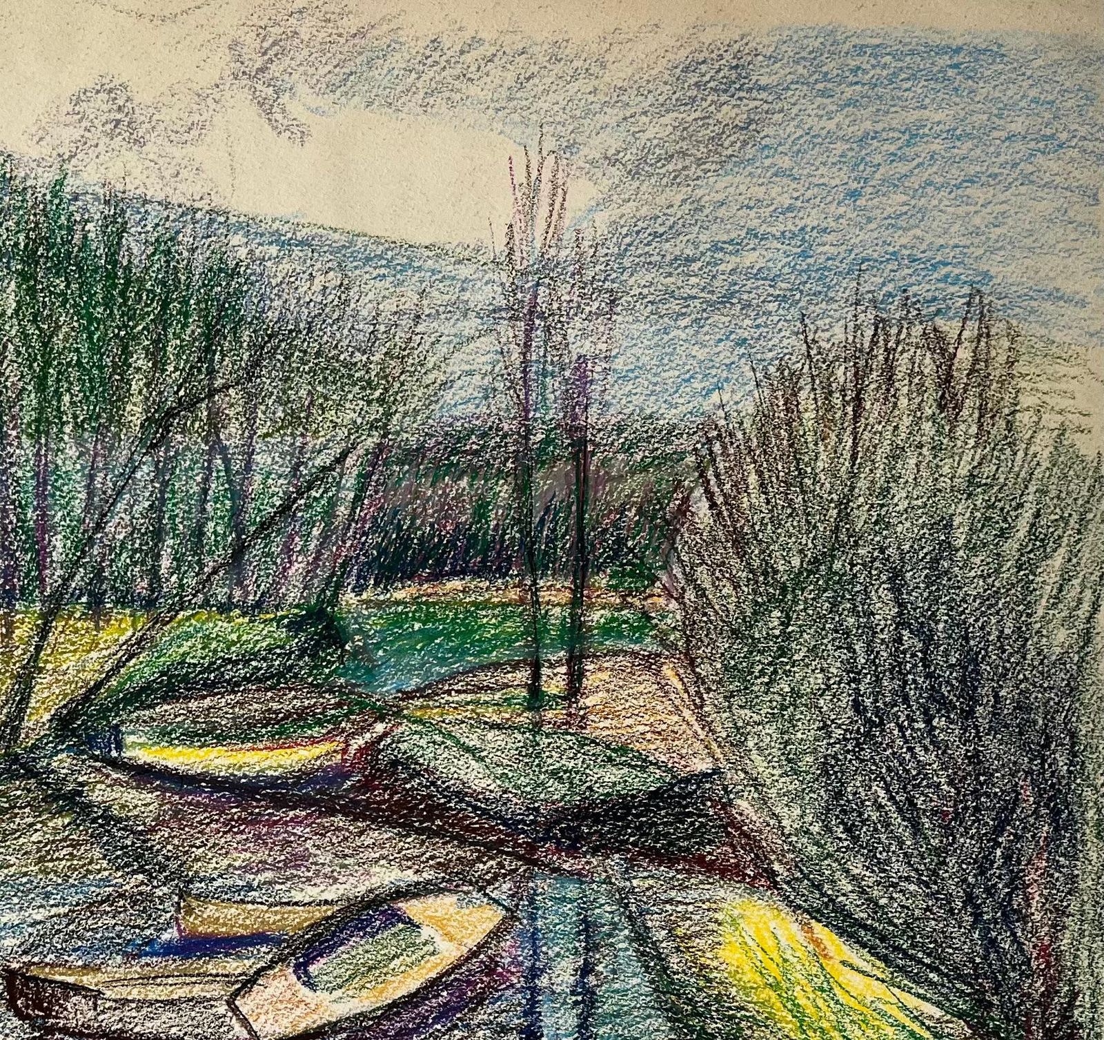 Guy Nicod Moored Boats On A Reflective River French Pastel Drawing photo Art
