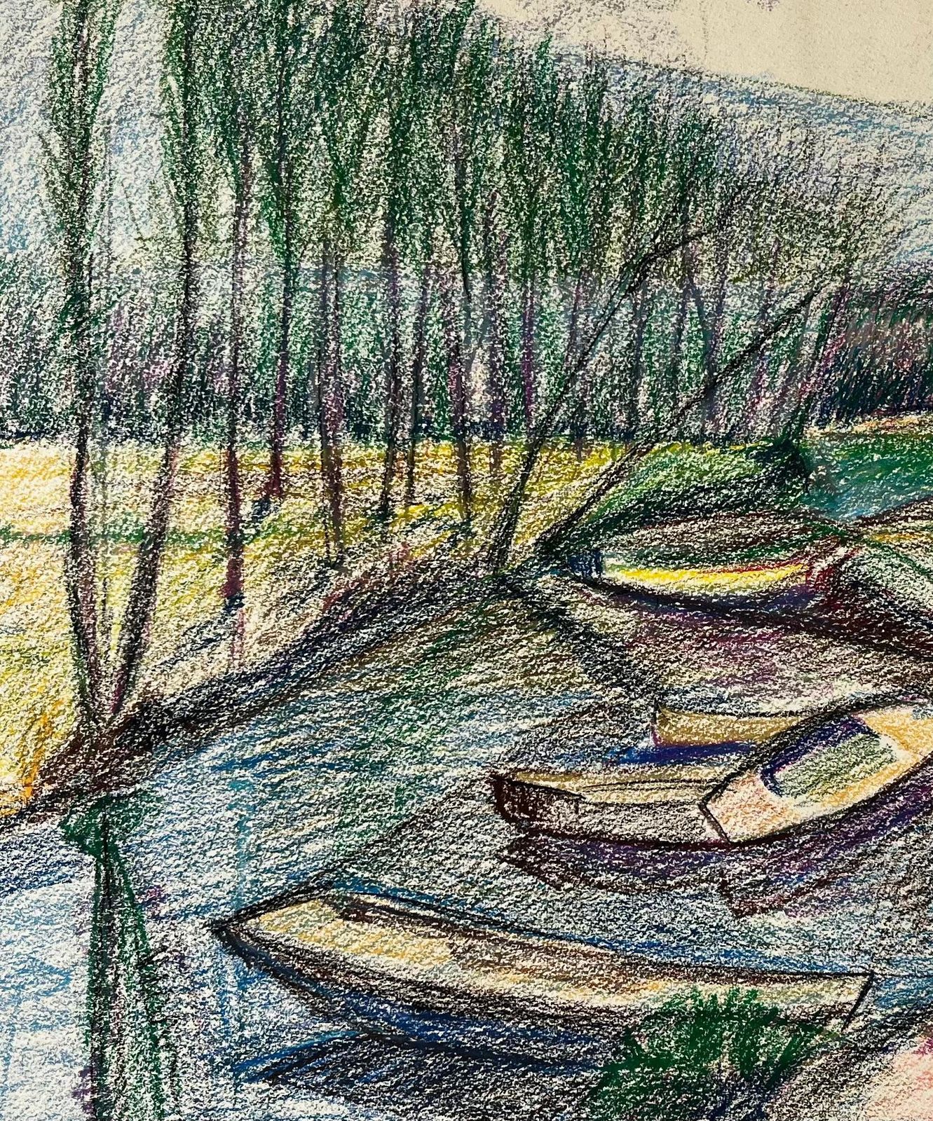 Guy Nicod Moored Boats On A Reflective River French Pastel Drawing photo buy