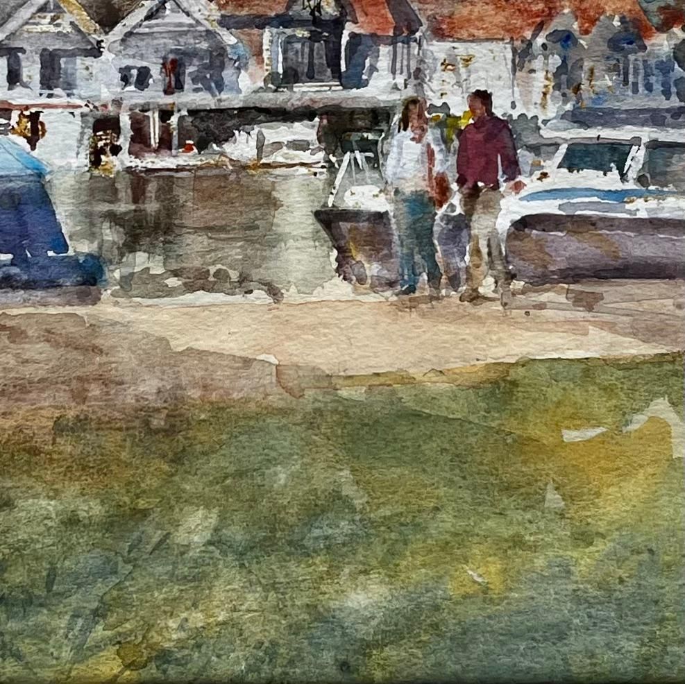 Anthony Herberthenley Boathouses With Walkers And River Boats Original Thames Watercolour photo for sale