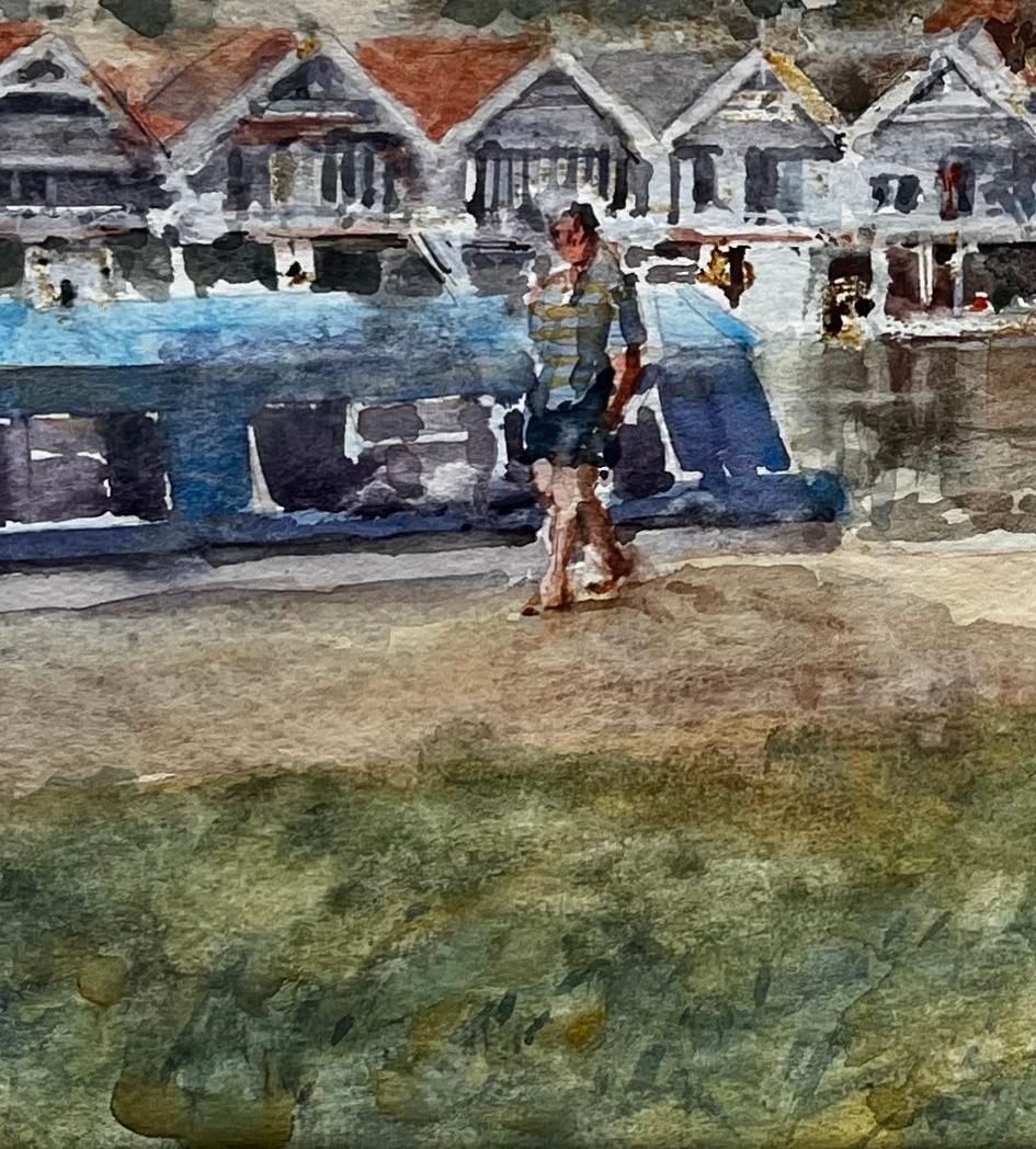 Anthony Herberthenley Boathouses With Walkers And River Boats Original Thames Watercolour photo Art