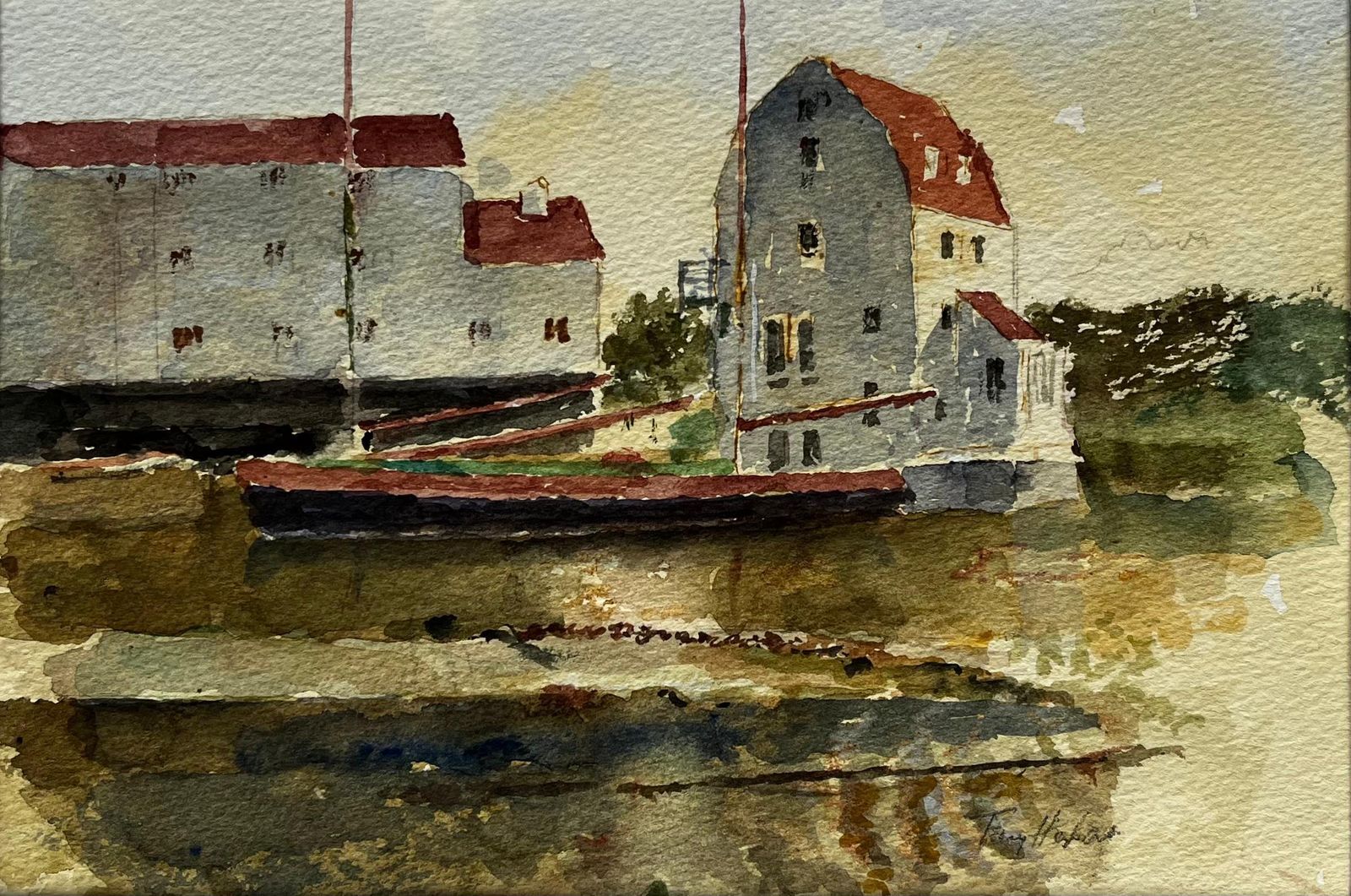 Anthony Herbertwoodbridge Tide Mill With Moored Barges And Reflections Suffolk Watercolour
