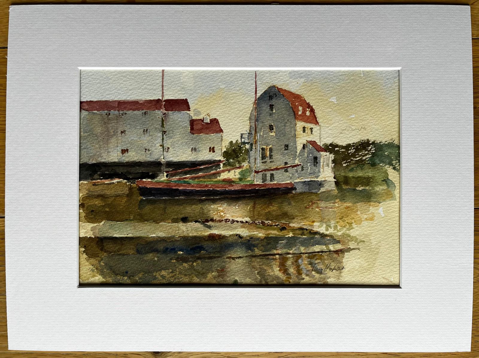 Anthony Herbertwoodbridge Tide Mill With Moored Barges And Reflections Suffolk Watercolour photo furniture