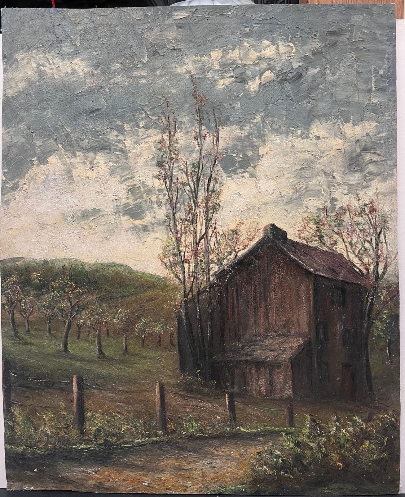 Jean Fouriebrown Wooden Chalet Hut In Olive Grove Field Landscape Oil Painting photo furniture