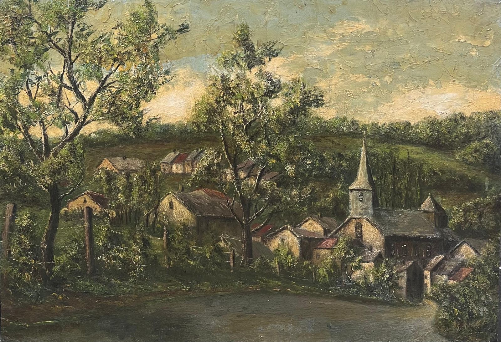 Jean Fouriespine Church And Cottages In The Bright Green Field Landscape Oil Painting