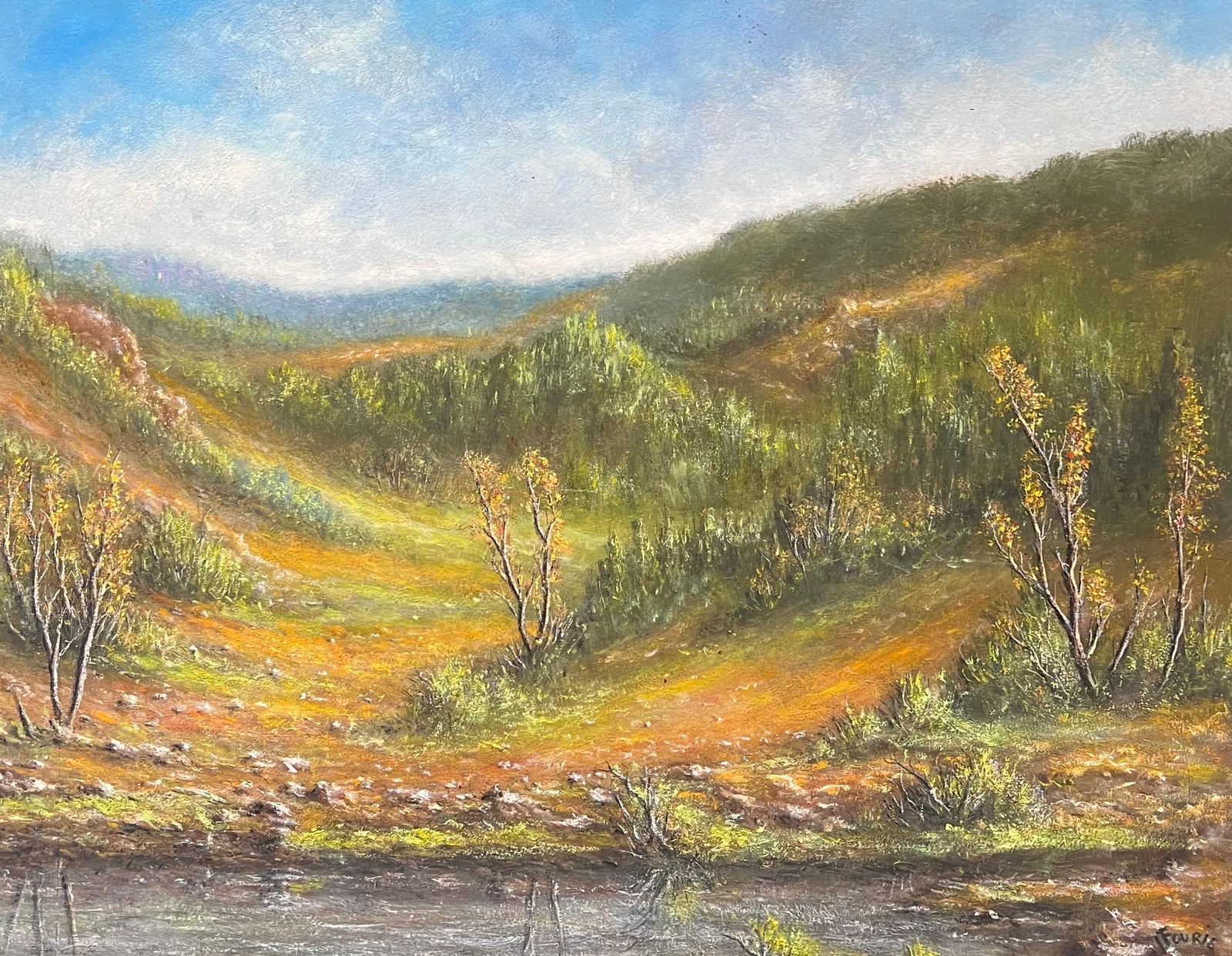 Jean Fourieautumnal Green And Orange Riverside Valley Oil Landscape Painting