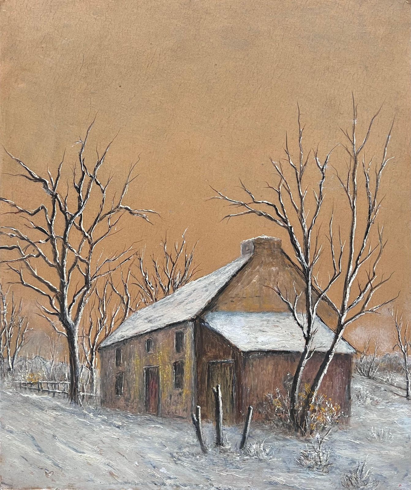 Jean Fouriesnow Covered Cottage In Bare Tree Snow Woodland Field Oil Landscape Painting
