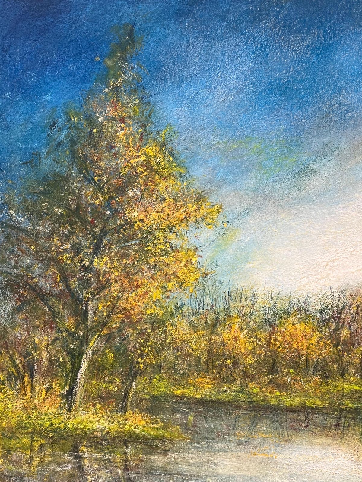 Jean Fouriegolden Tree Lake Reflections Of The Bright Blue Sky Oil Landscape Painting photo for sale