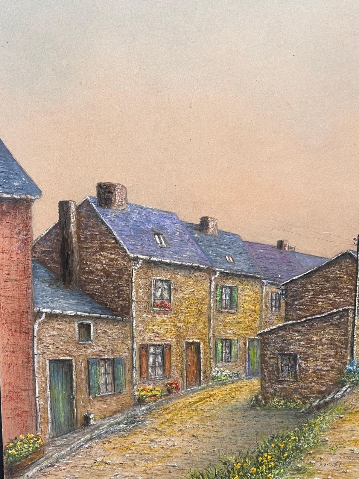 Jean Fourievillage Street Of Tight Packed Cottages Oil Landscape Painting photo Art