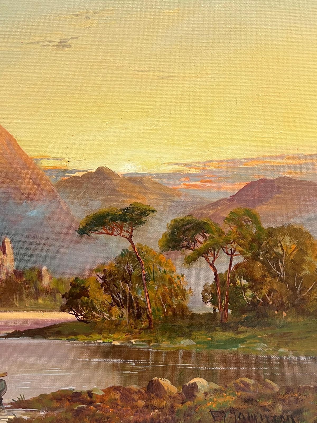 F. E. Jamiesonantique Scottish Painting Highlands Ancient Castle Ruins Sunset Over The Loch1920's photo vinterior