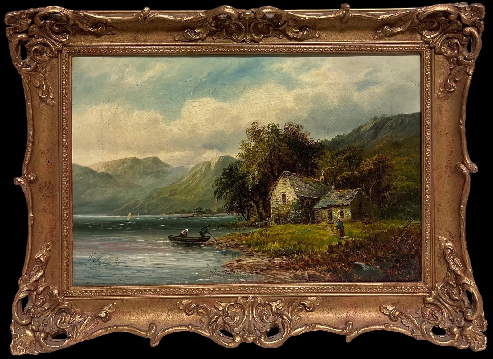 Welsh Victoriansigned Victorian Welsh Oil Painting Cottages By Lake And Mountain View 18881888