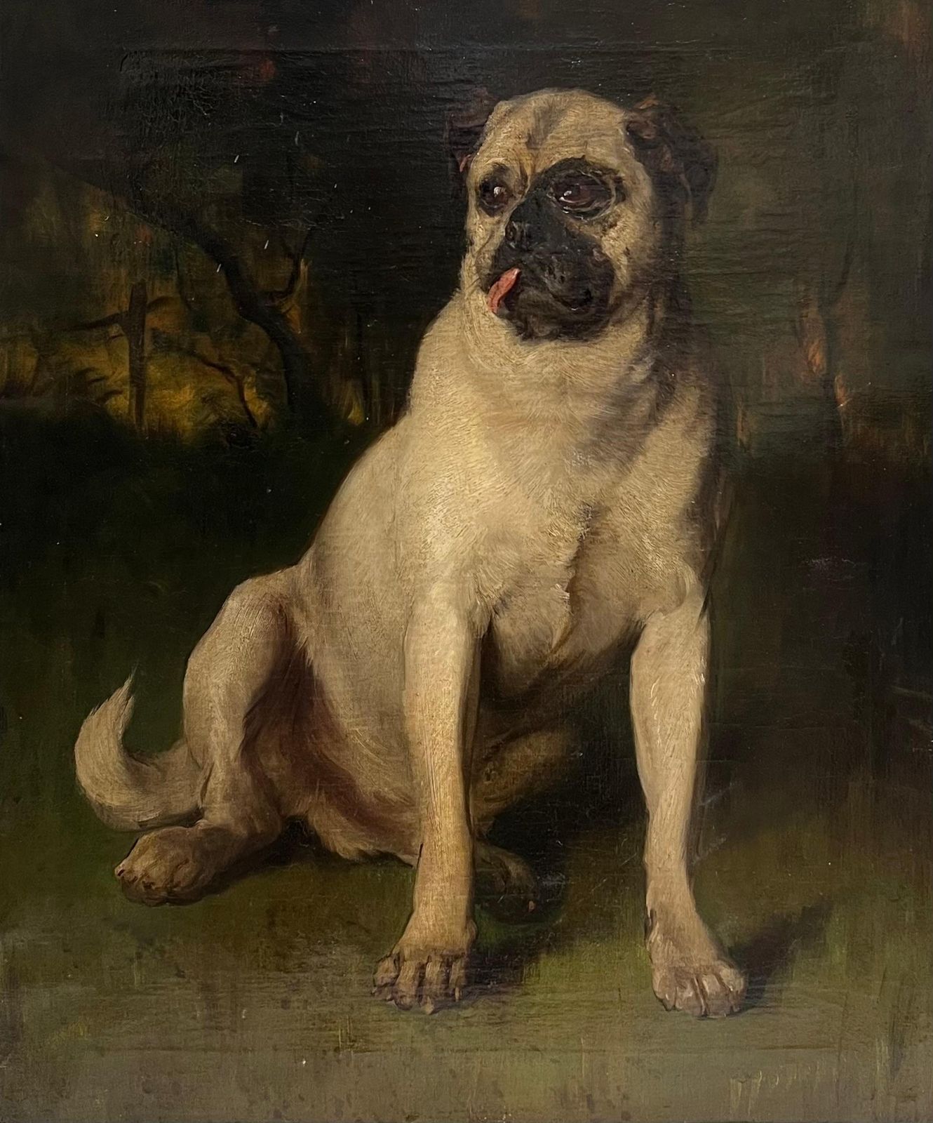 French School Fine 19th Century French Dog Oil Painting Portrait Of A Pug In Wooded Landscape photo furniture