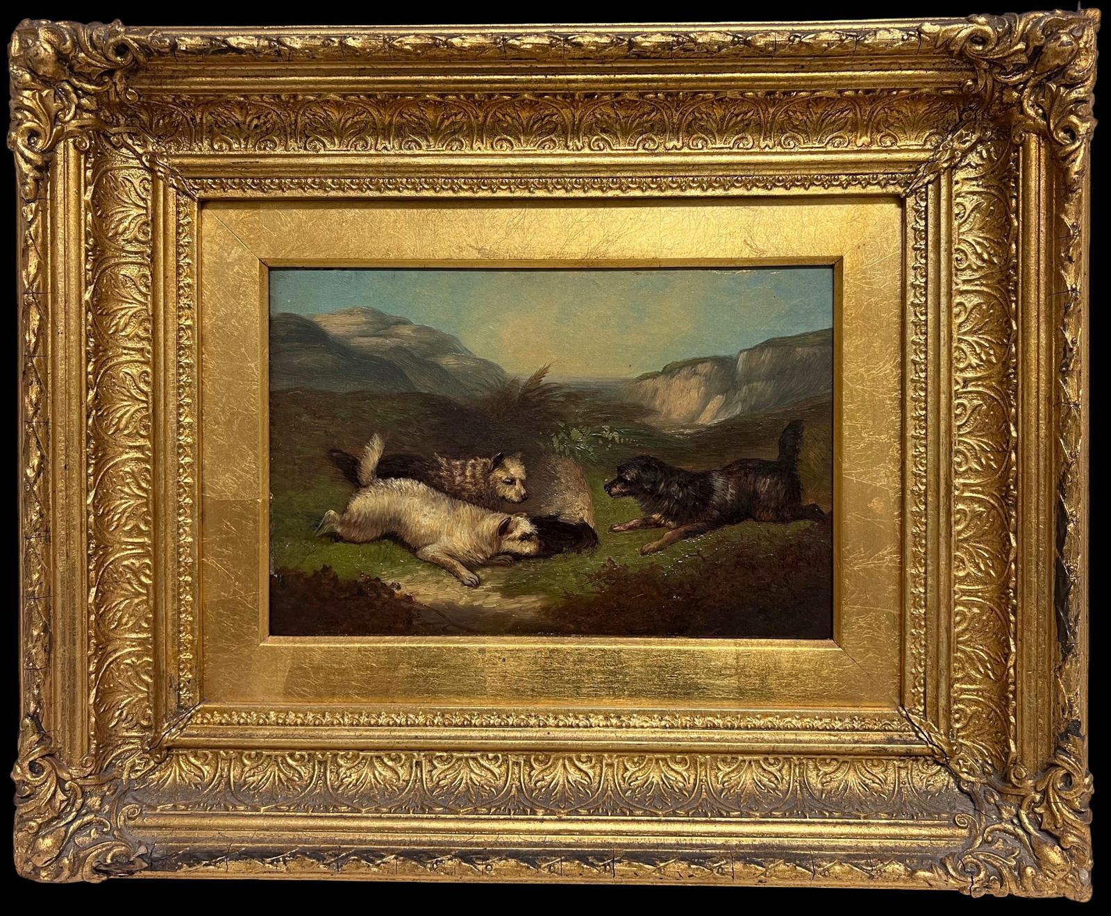 Fine Victorian English Oil Painting Three Terrier Dogs Highland Rabbit Hole