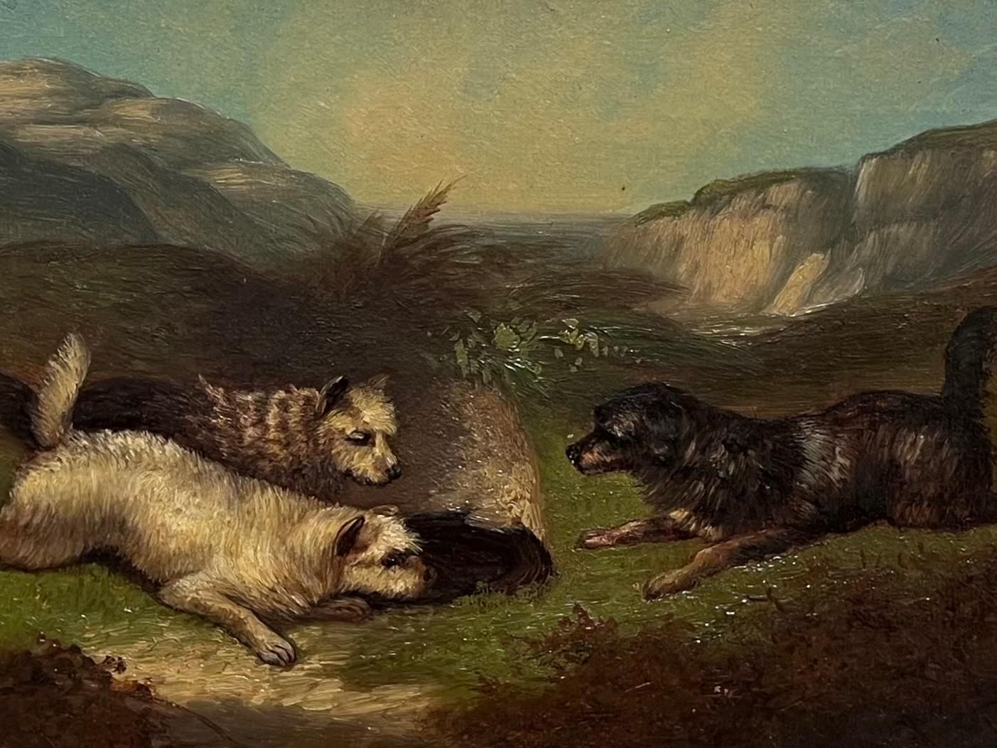 Fine Victorian English Oil Painting Three Terrier Dogs Highland Rabbit Hole photo furniture