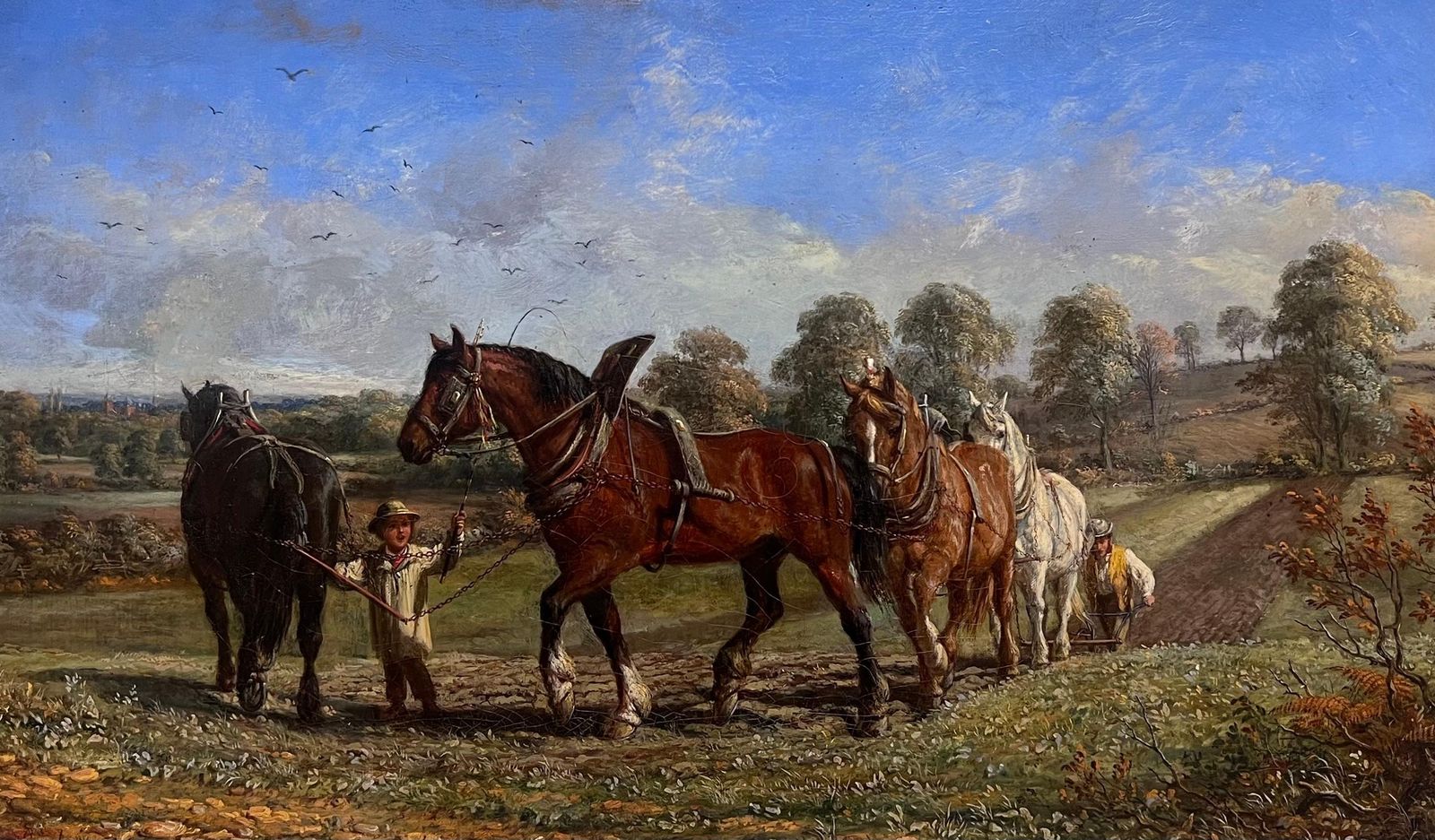 Mid 19th Century English Schoolfine Victorian English Rural Oil Painting Plough Team Horses & Figures In Field photo furniture