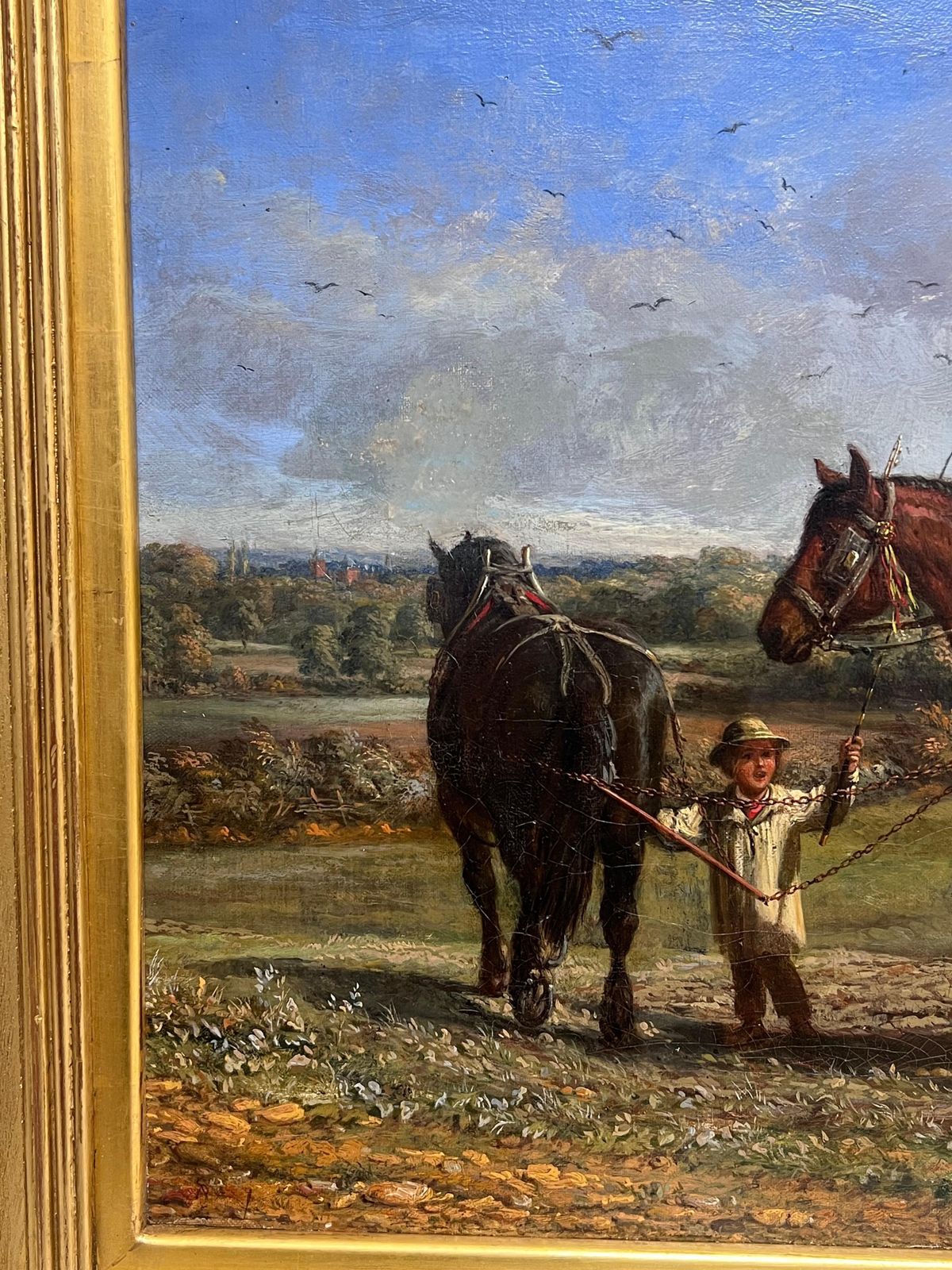 Mid 19th Century English Schoolfine Victorian English Rural Oil Painting Plough Team Horses & Figures In Field photo buy
