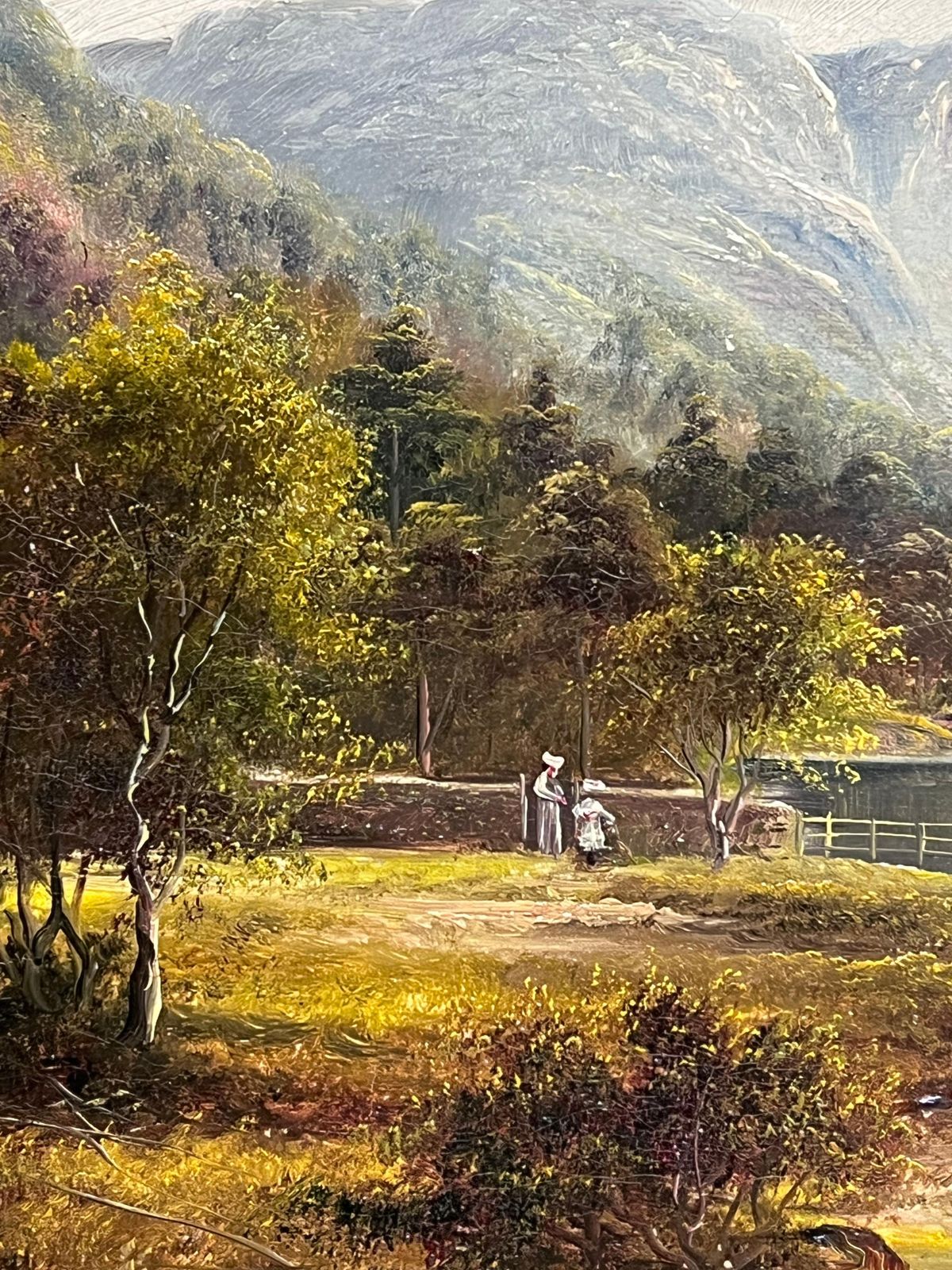 Fine Antique English Oil Painting Figures Admiring The English Lake District photo for sale