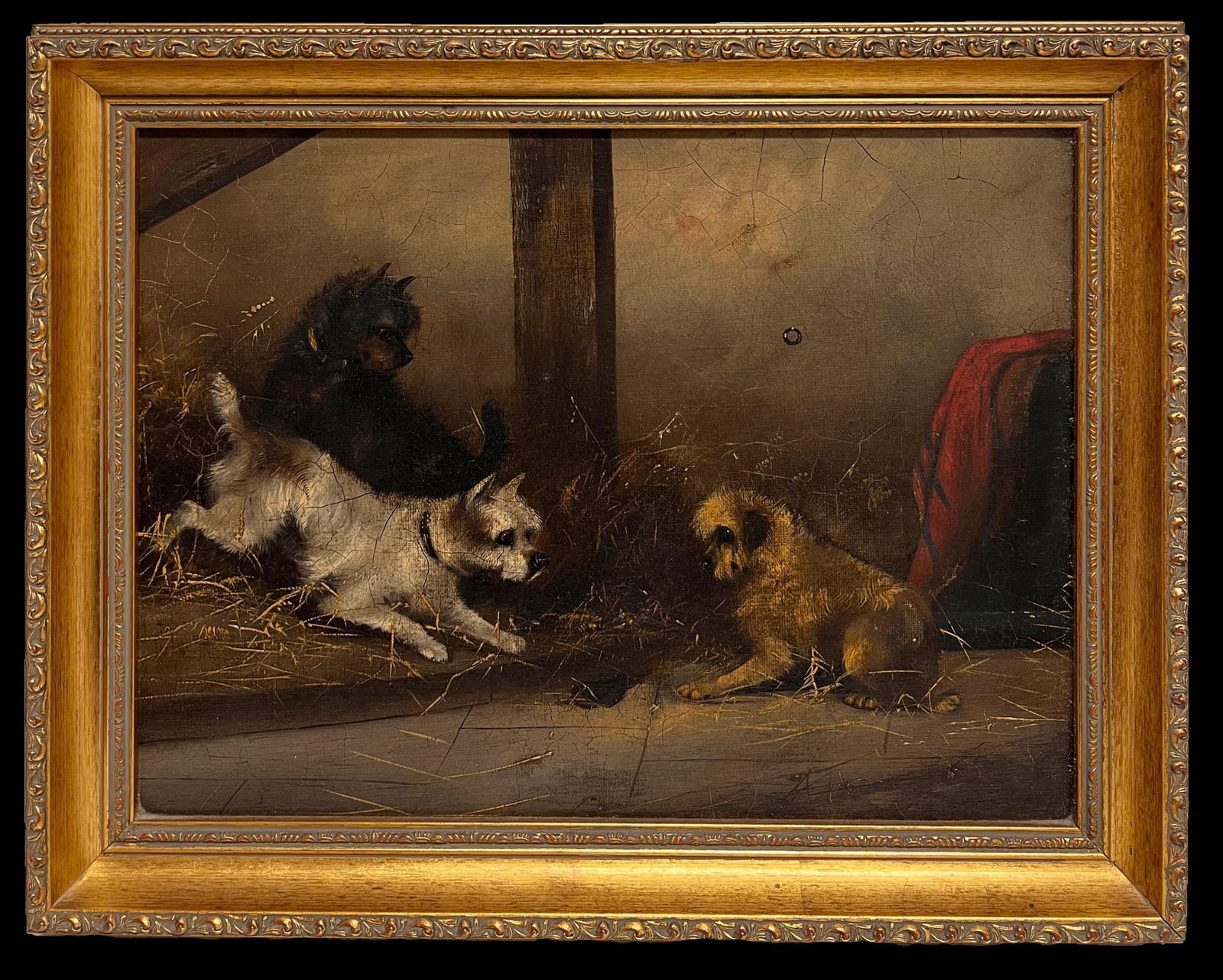 Frank Cassellfine Victorian Dog Oil Painting Terriers Chasing Rat In Barn Stable Interior