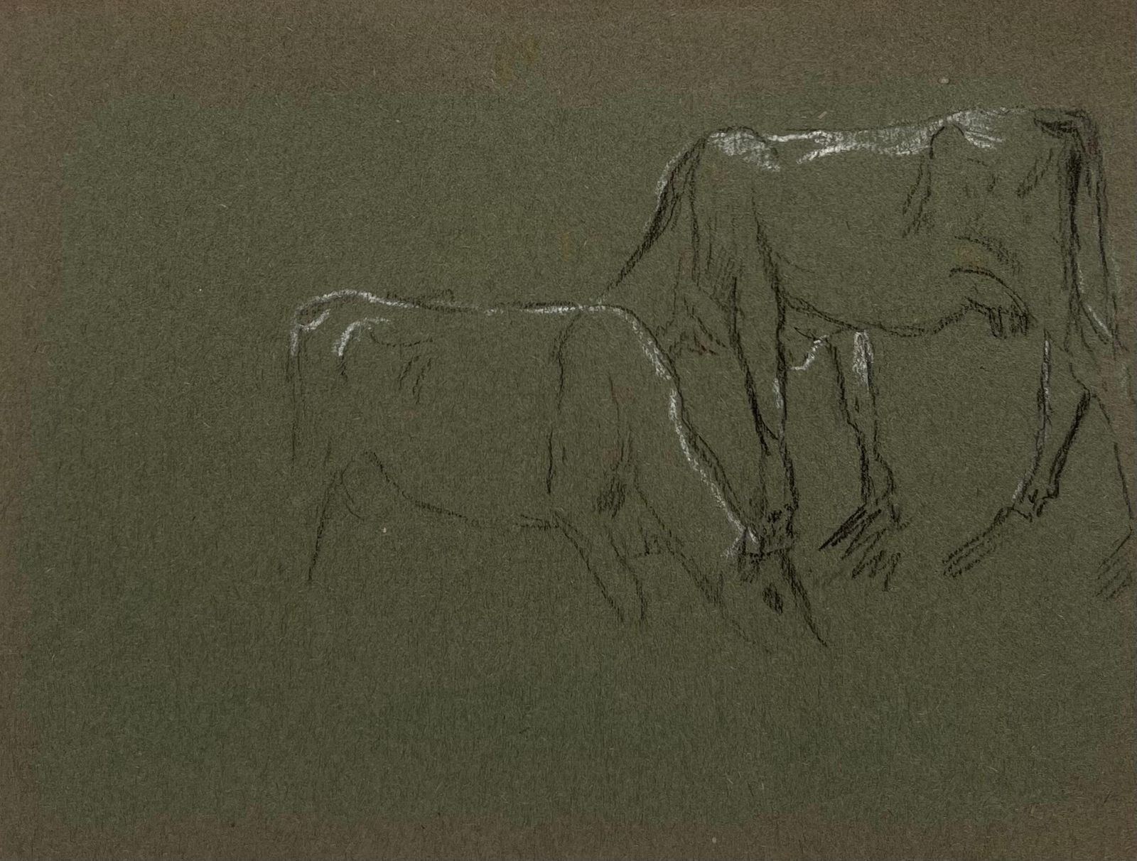 John Rabone Harveybritish Chalk Pencil Sketch Of A Cow And Their Calf Munching On Grass1966
