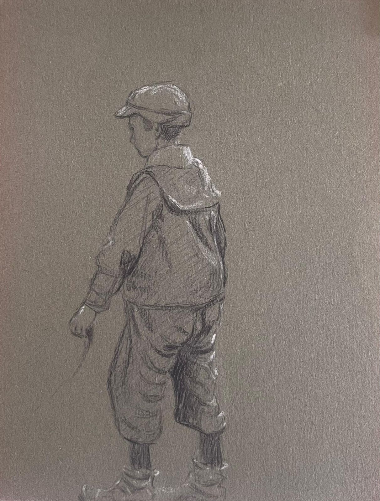 John Rabone Harveybritish Chalk Pencil Sketch Of A Young Boy In His Fishing Gear1966