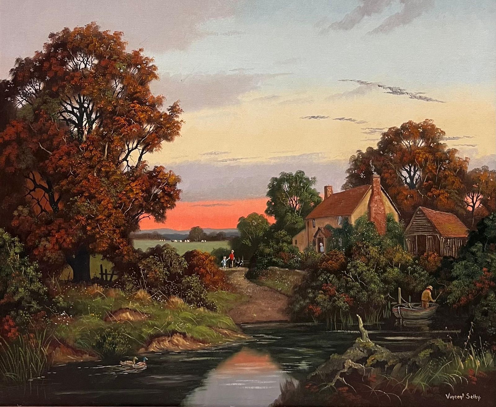 Vincent Selbysunset Over Derwent Valley Signed English Oil Painting Gilt Framed