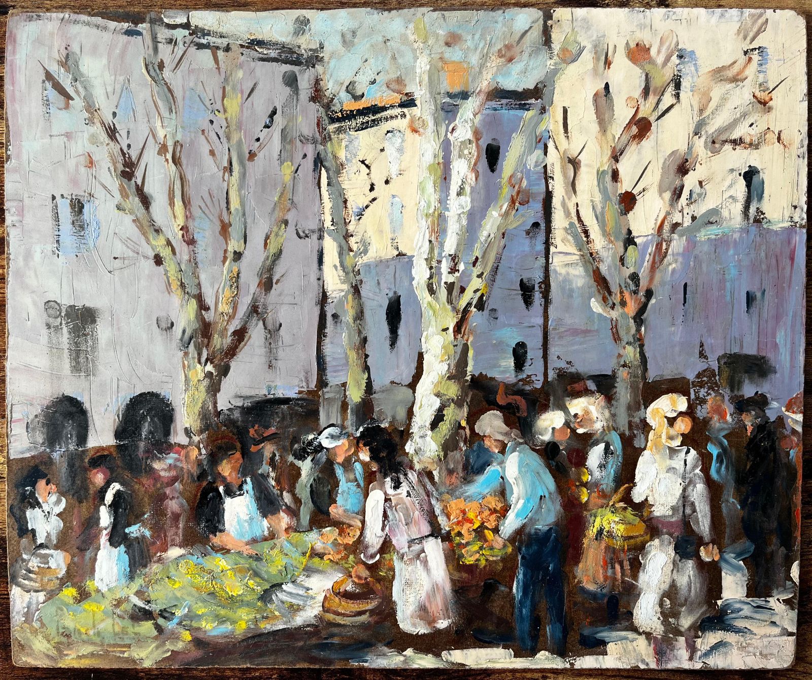 Fanch Lelfrench Market Scene Aix En Provence Trees Figures And Flowers 1989 Painting1989 photo furniture